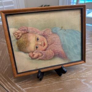 Vintage Old Framed watercolor Baby Portrait with Brown wood Frame